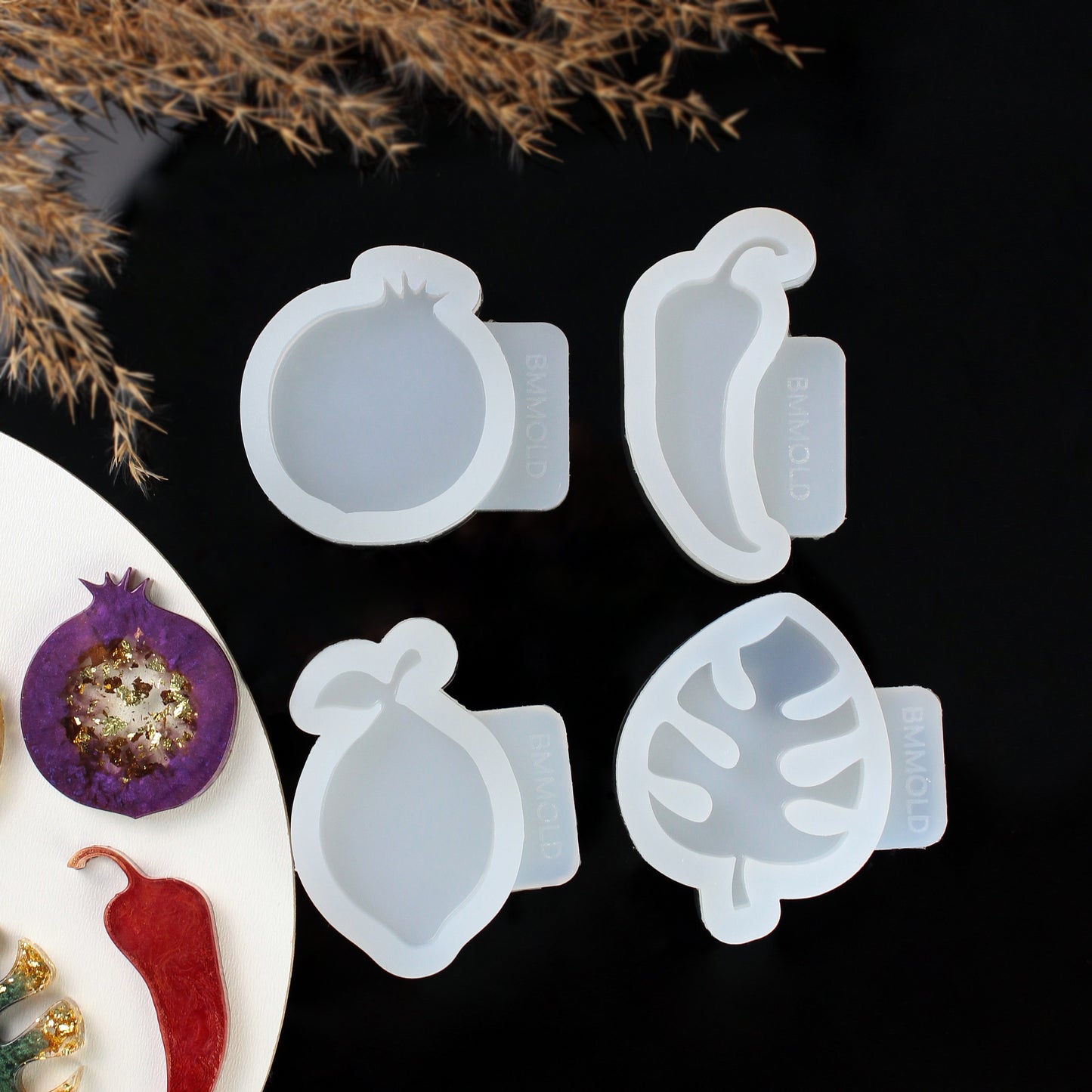 Tropical Delights: Lemon, Pomegranate, Chili Pepper, and Monster Leaf Silicone Molds Set