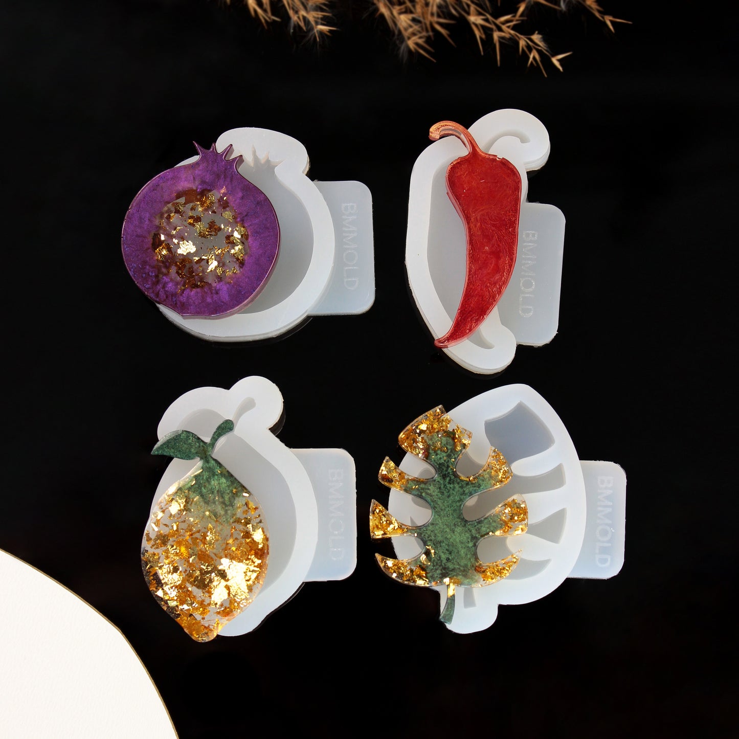 Tropical Delights: Lemon, Pomegranate, Chili Pepper, and Monster Leaf Silicone Molds Set